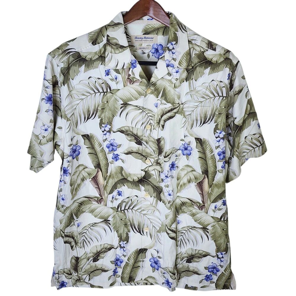 Tommy Bahama 100% Silk Shirt Mens Large Floral Tropical Leaf Hawaiian Camp Shirt